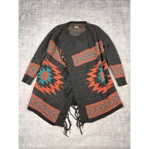 Roots Sweater Womens XS Gray‎ Wool Southwest Fringe Cardigan Navajo Open Wrap